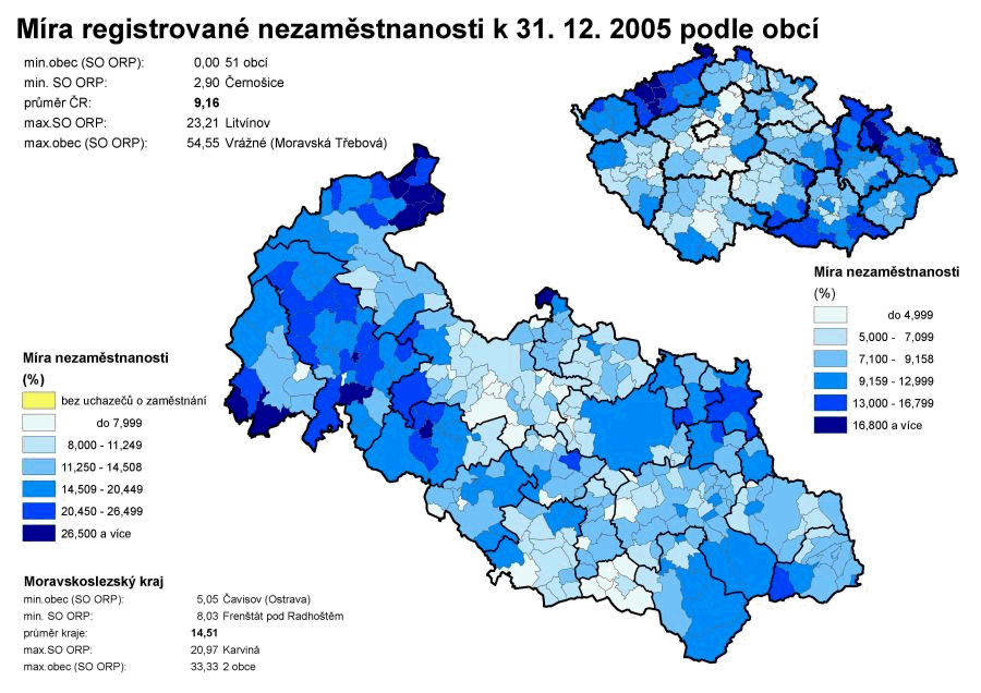 Míra registrované nezaměstnanosti k 31. 12. 2005 podle obcí